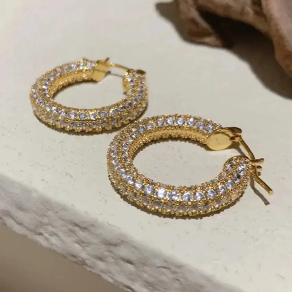 Diamond Pave Hoops Crystal Gold Earrings